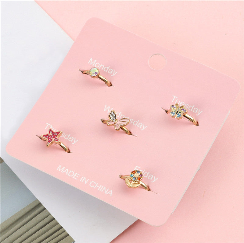 Cartoon Butterfly Floral Alloy Ring Set for Kids with Enamel Finish and Rhinestone Inlay