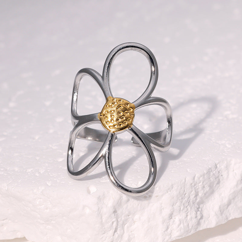 Minimalist Two-Tone Hollow Flower Open Ring 18K Gold Plated Stainless Steel Jewelry for Women