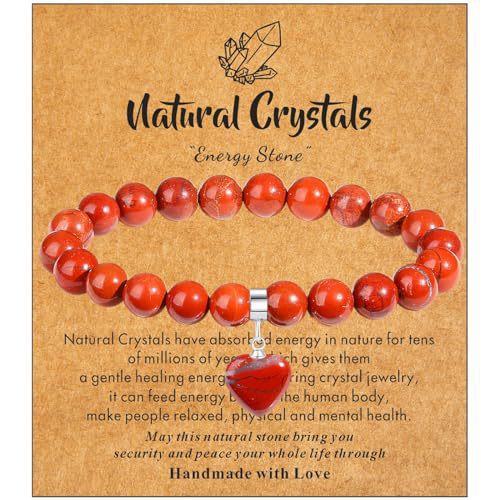 Minimalist 8mm Crystal Beaded Bracelet with Heart Pendant Polished Rose Quartz Rhodonite Elastic String
