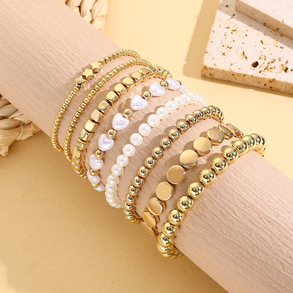 Bohemian Women's Multi-Layer Geometric Round Brass Bead Imitation Pearl Bracelet Set