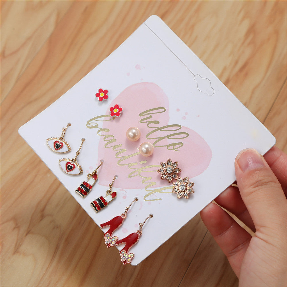 Sweet French Style Heart Geometric Alloy Rhinestone Inlay Earring Set for Women