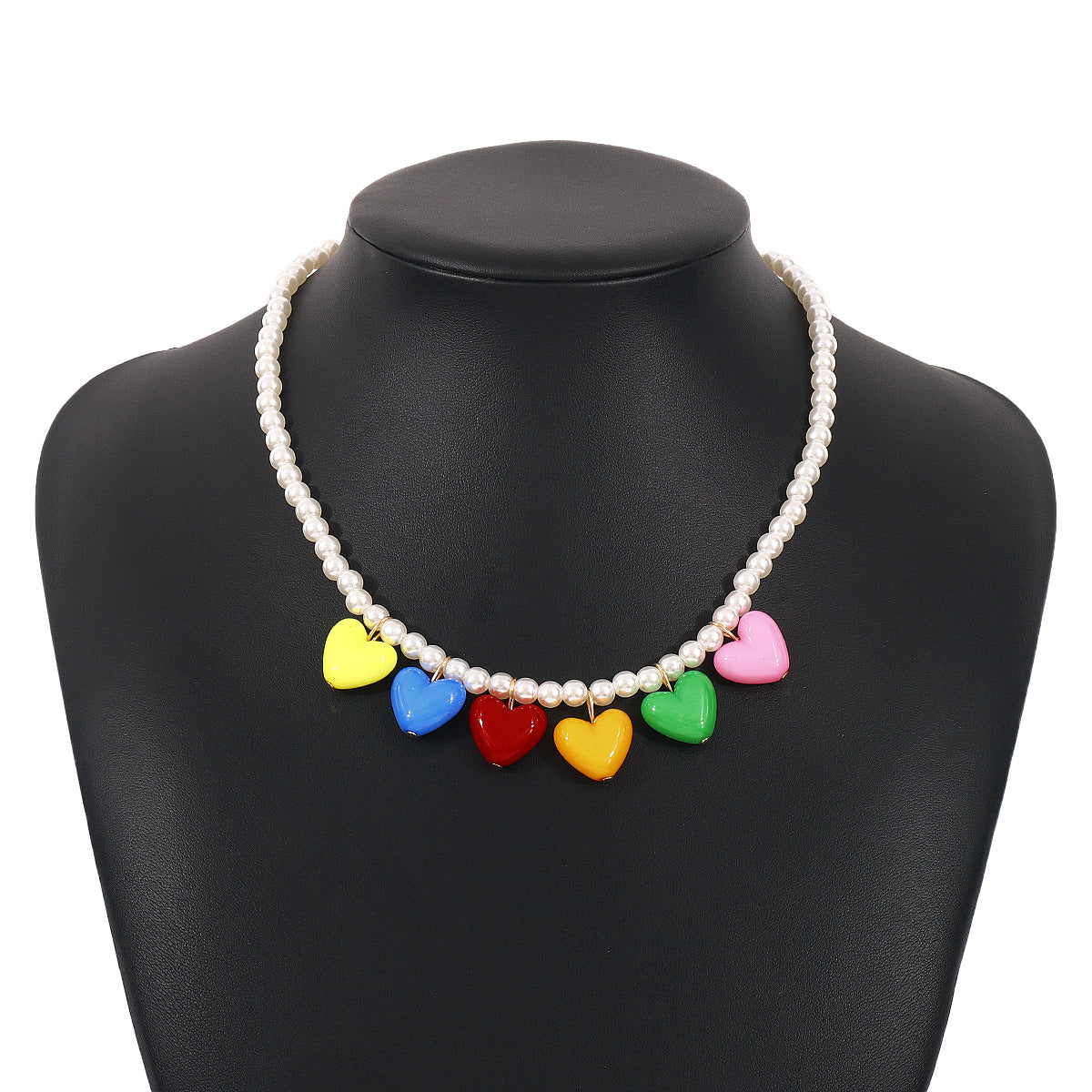 Cute Heart-Shaped Alloy Necklace with Imitation Pearl and Resin Pendant on Beaded Chain