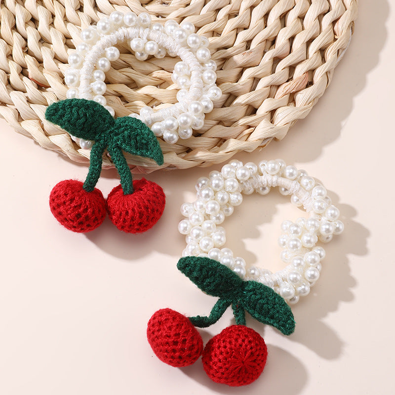 Minimalist Cartoon Cherry Knitted Hair Ring for Kids Handmade Fruit-Themed Hair Accessory with Macaron Color Palette