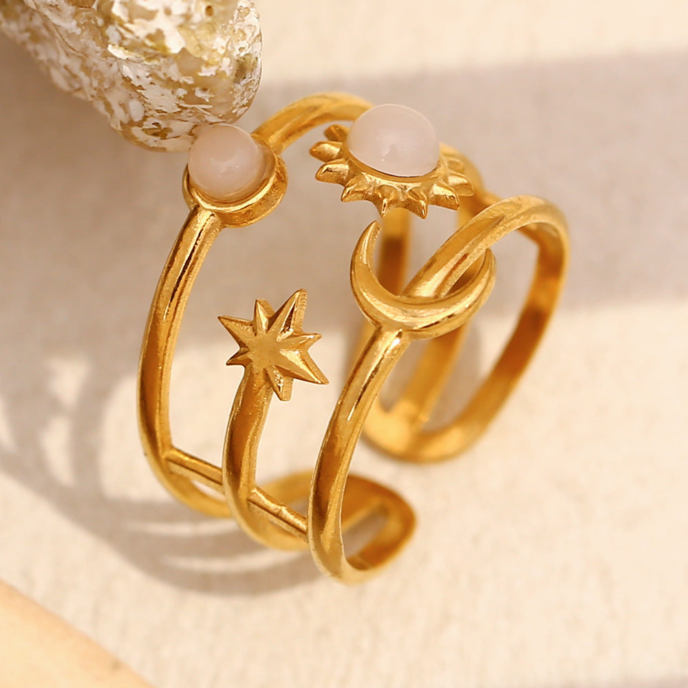 Elegant Moon and Sun Open Ring in Stainless Steel with 18K Gold Plating Geometric Design for Women