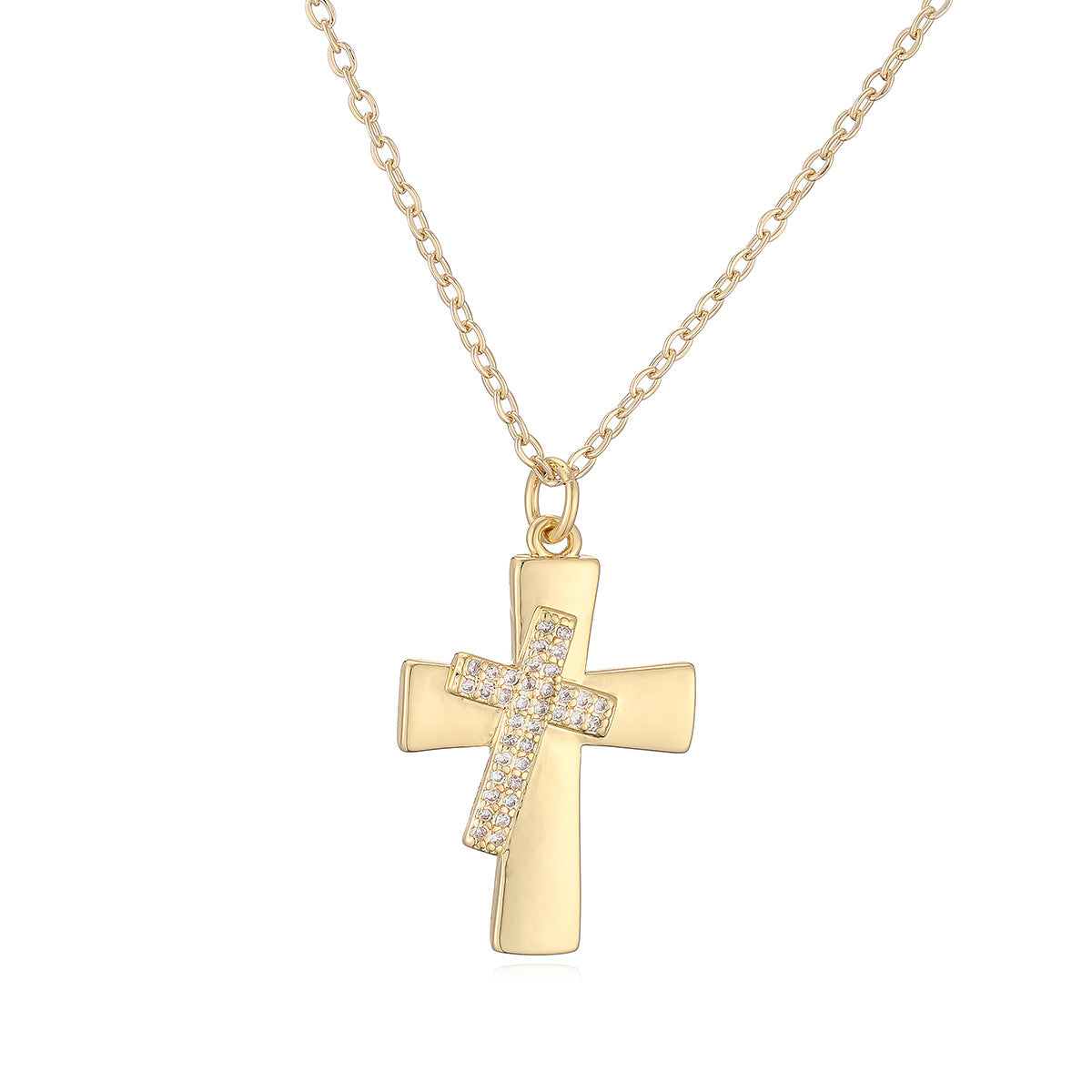 Minimalist Gold Plated Brass Cross Pendant Necklace with Cubic Zirconia for Women