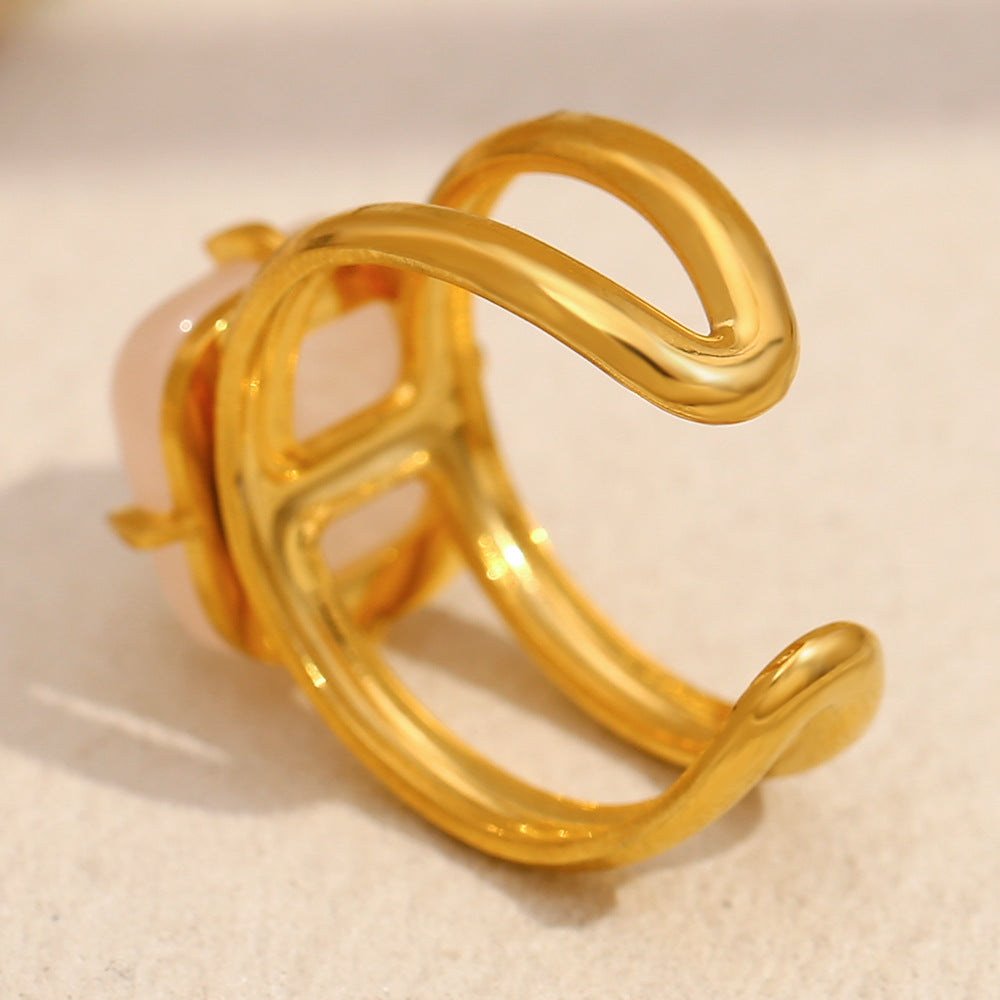 Fashionable French-Style Geometric Stainless Steel Plated 18K Gold Pink Jade Open Ring for Women