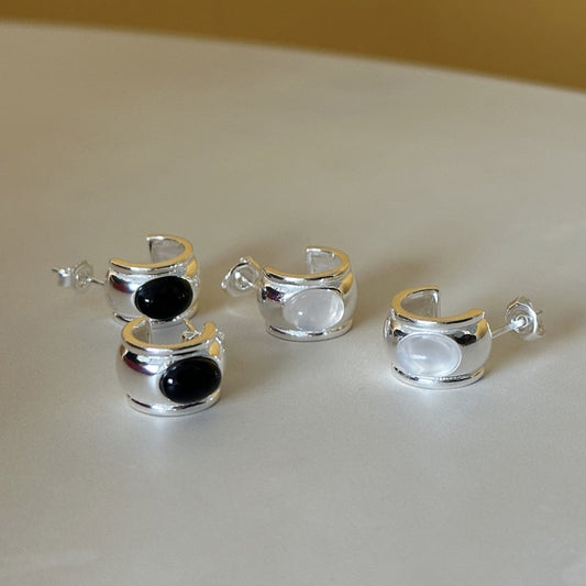 Minimalist Silver Stud Earrings with Rounded Arc Design and Beveled Square Accents in 925 Sterling Silver