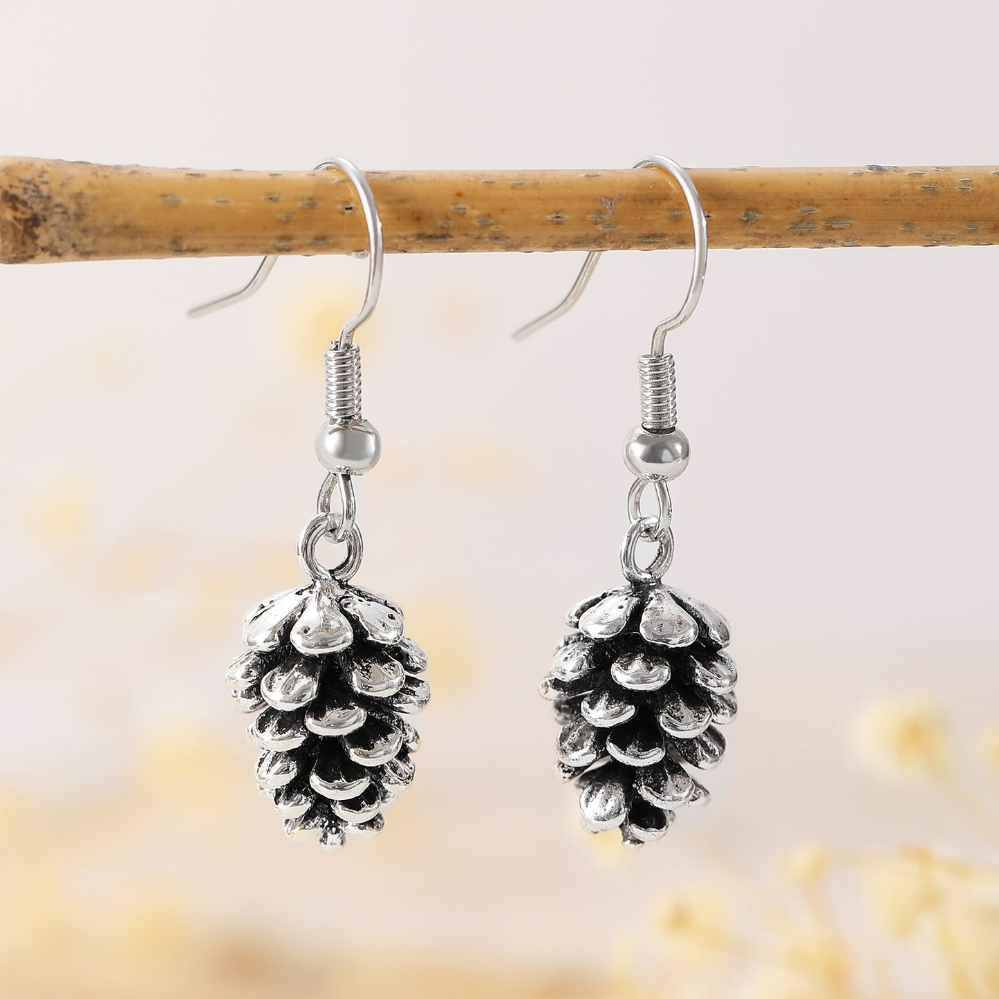 Vintage-Inspired Pine Branch and Pinecone Earrings in Alloy with Gold Plating for Women