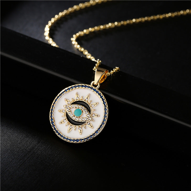 Geometric Brass Drip Oil Inlaid Cubic Zirconia Evil Eye Pendant Necklace with Cable Chain