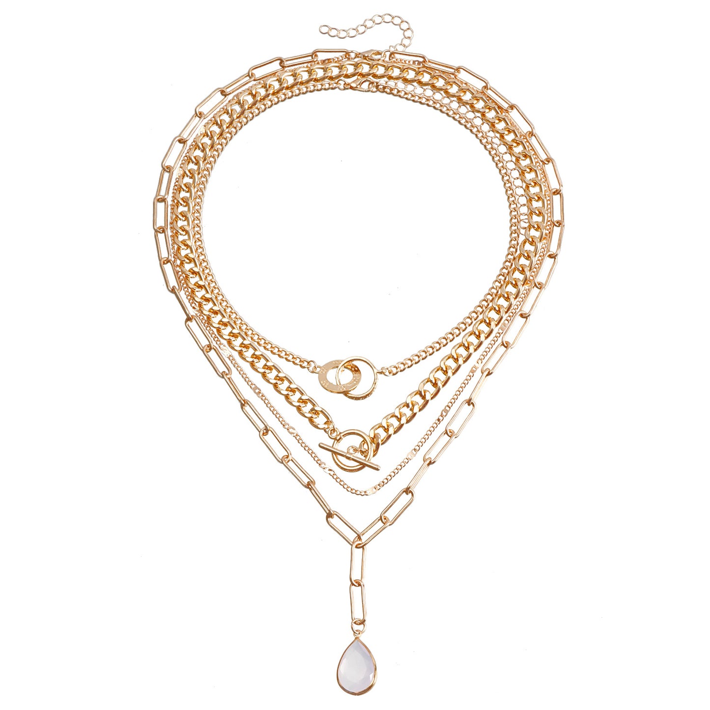 Punk Style Geometric Drop-Shaped Acrylic Rhinestone Pendant Necklace with Multi-Layer Metal Chain and Plated Finish