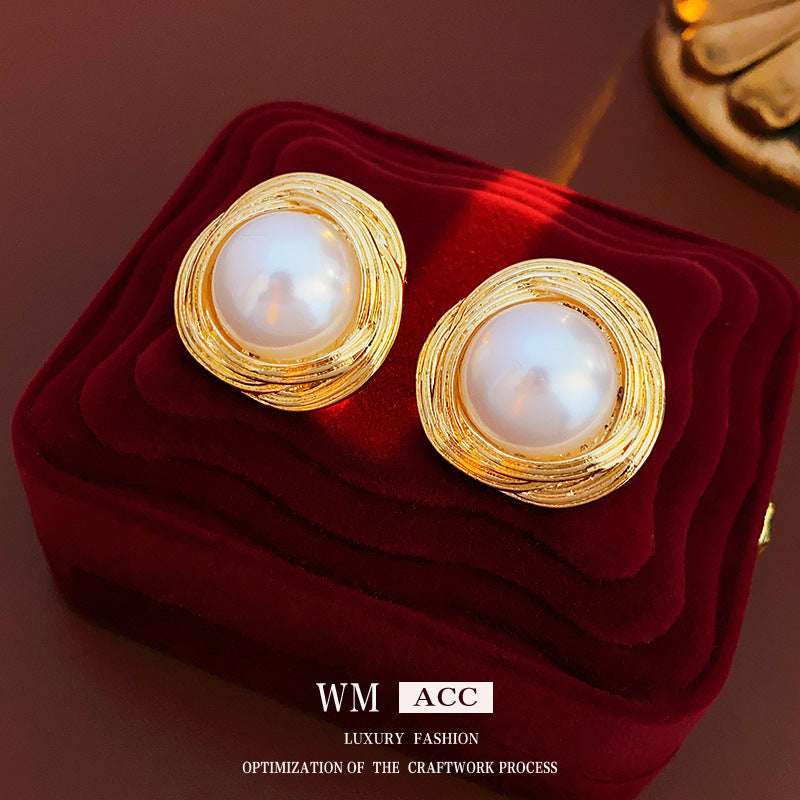 Vintage Geometric Metal Stud Earrings with Round Pearl Accents and Silver-Plated Posts for Women