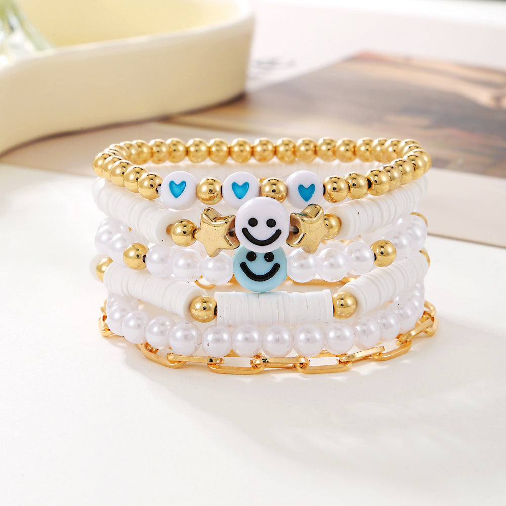 Bohemian Geometric Round Pearl Resin Bracelet Set Plated Smile Face Design for Women and Men