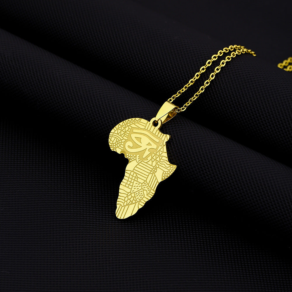 Collana con ciondolo a forma di occhio del Sahara, mappa africana vintage, in acciaio inossidabile con ciondolo in acciaio al titanio e finitura galvanica su catena a maglie ovali