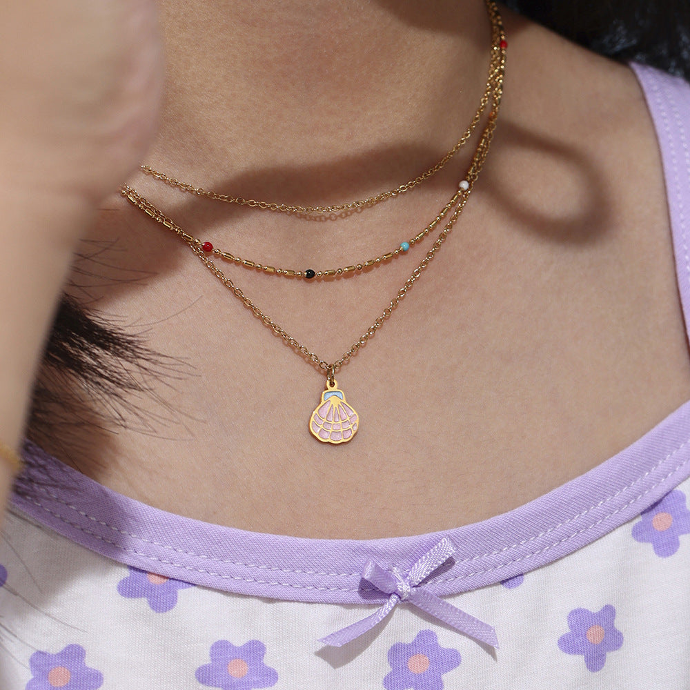 Cute Pink Enamel Princess Dress Necklace Set for Kids with Stainless Steel Chain and Titanium Steel Pendant