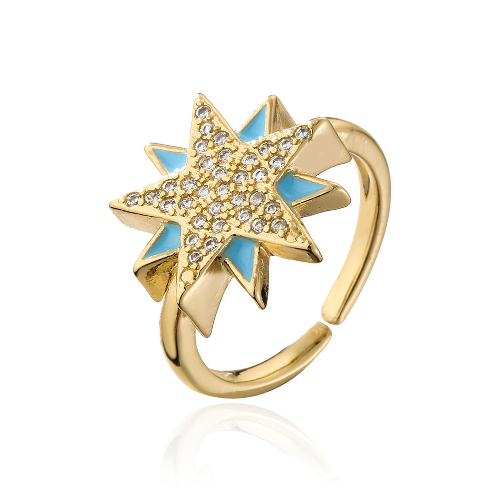 Cartoon Style Geometric Open Star Ring for Women in Copper with 18K Gold Plating and Cubic Zirconia Inlay