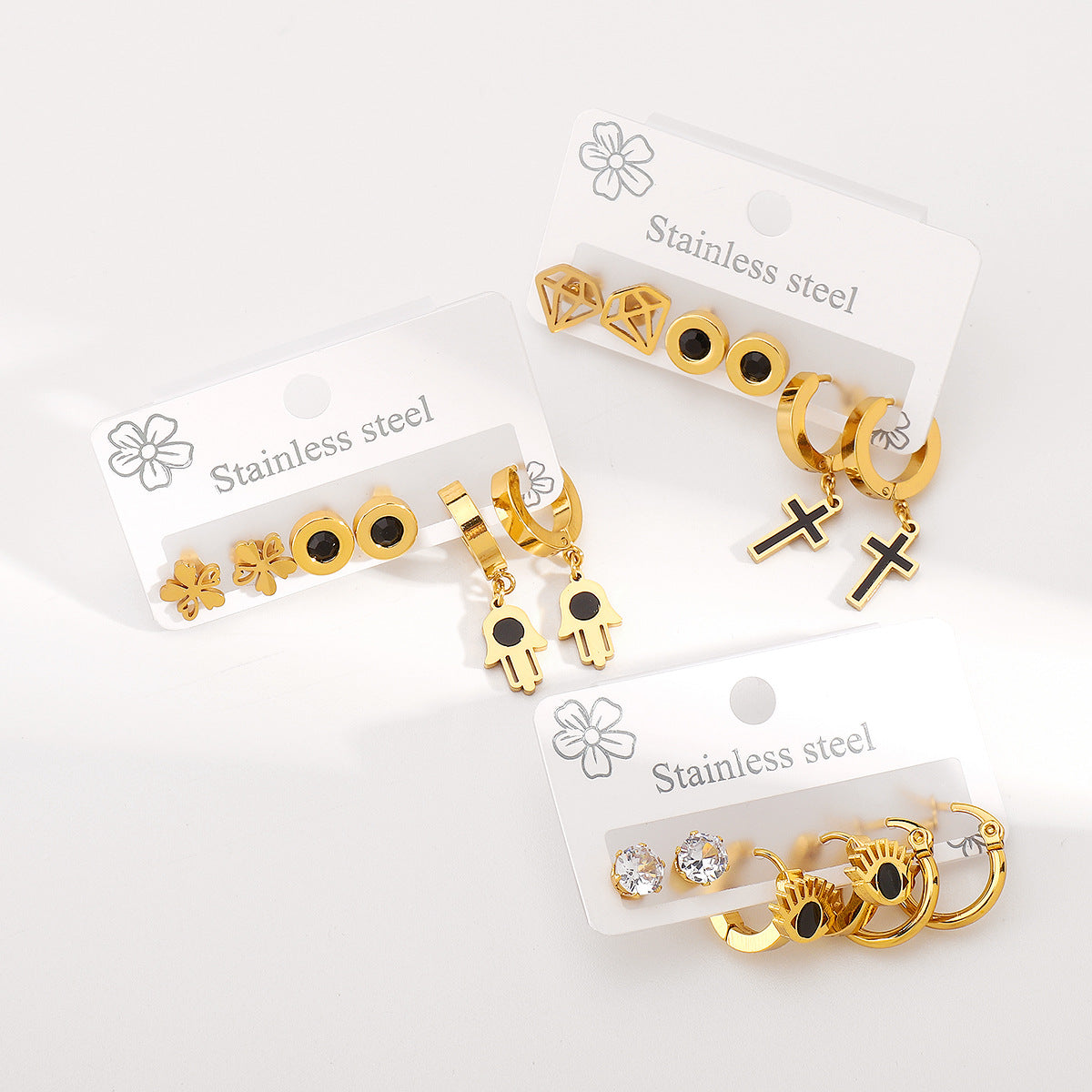 Ethnic Vintage Style Geometric Stainless Steel Earrings Set with Eye Motif and Enamel Finish