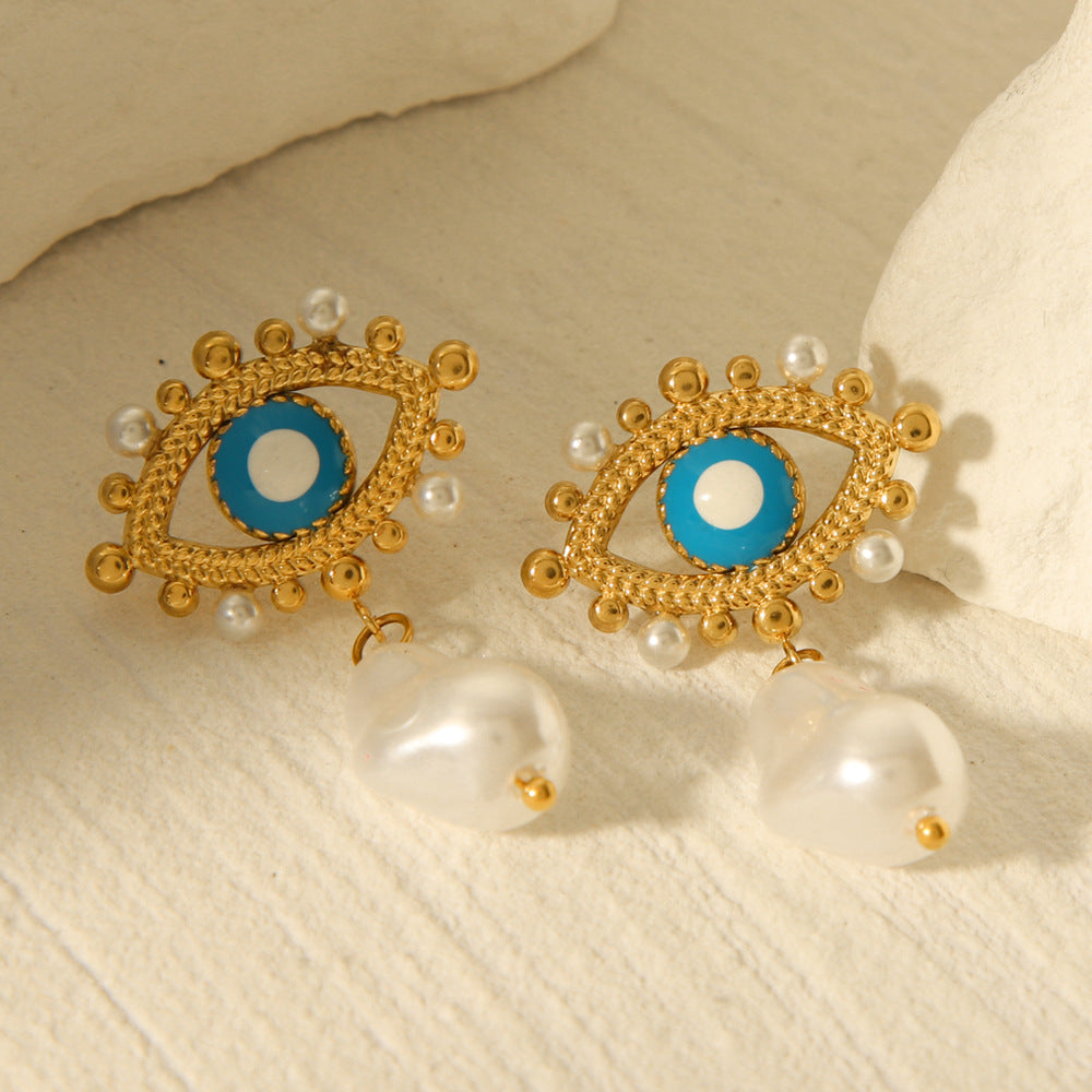 Ins Style Geometric Evil Eye Drop Oil Earrings 18K Gold Plated Stainless Steel with Pearl for Women