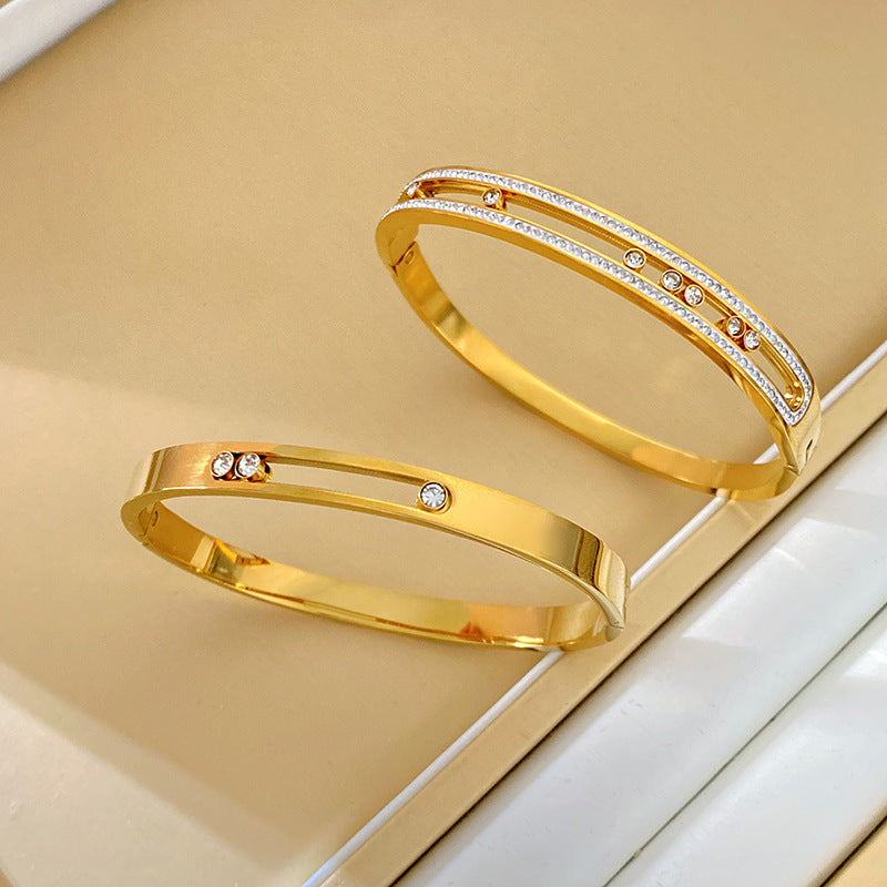 Minimalist Titanium Steel Geometric Bracelet with Micro-Inlaid Cubic Zirconia and Plated Finish