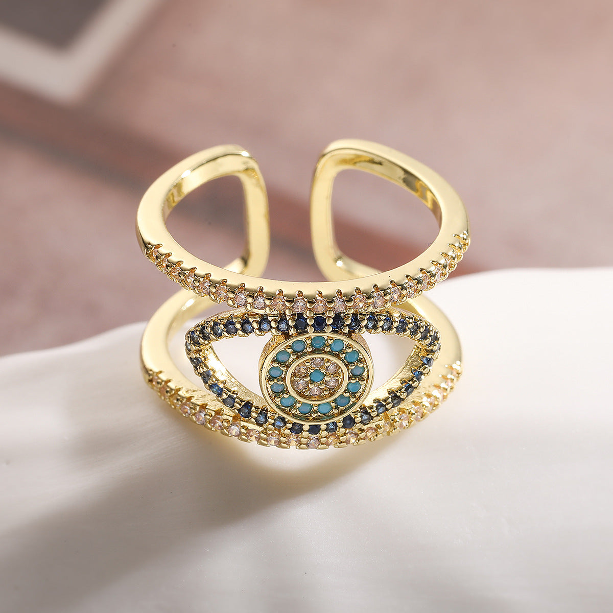 Vintage Elegant 18K Gold Plated Brass Geometric Micro-Inlaid Cubic Zirconia Evil Eye Open Ring for Women