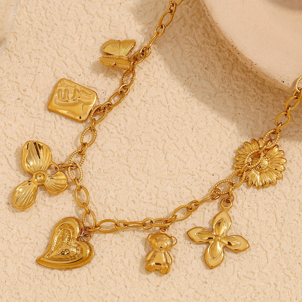 Elegant Heart Round Stainless Steel 18K Gold Plated Charm Bar Necklace for Women
