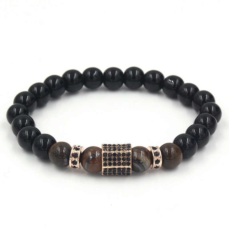 Geometric Alloy Bracelet with Micro-set Rhinestone Black Diamond and Tiger Eye Wheel Beads for Men and Women