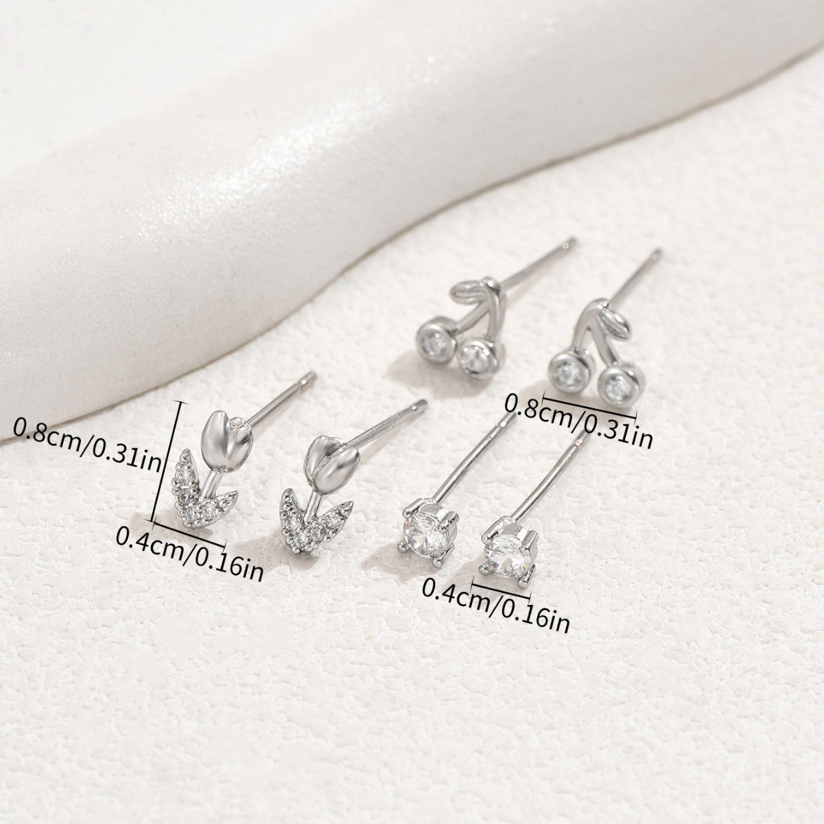 Orecchini a perno da donna a forma di ciliegio in fiore, con intarsio in zircone su base in rame e perni in acciaio inossidabile