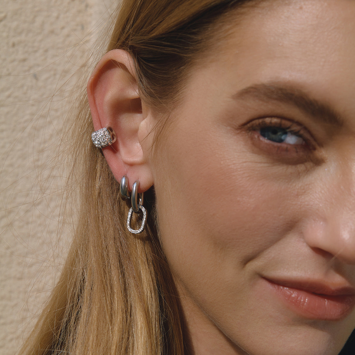 Elegant Geometric Stainless Steel Cubic Zirconia C-Shape Clip-On Earrings for Women