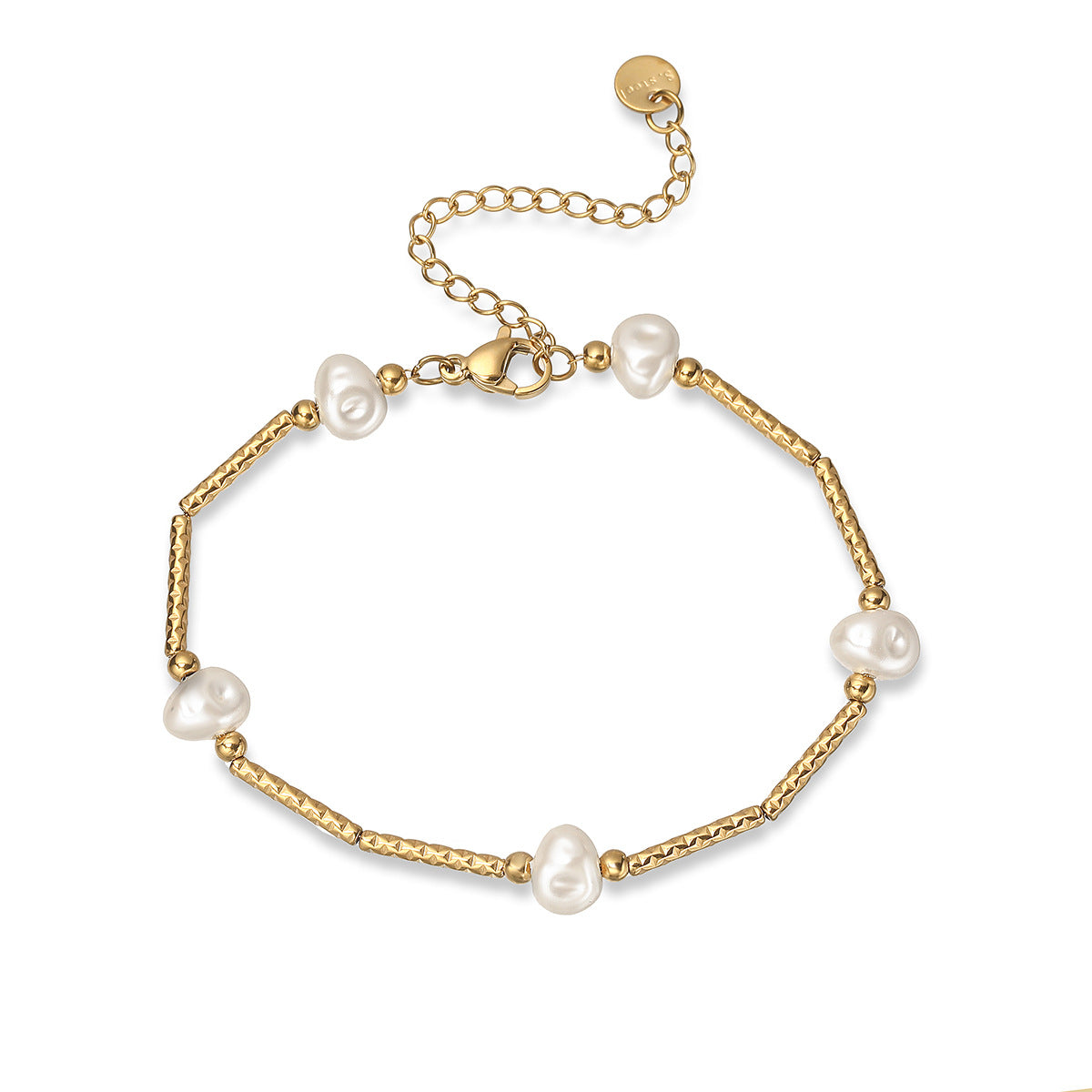 Minimalist Luxe Bamboo Joint Pearl Bracelet for Women Stainless Steel with 18K Gold Plating