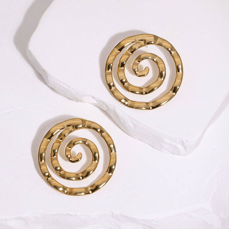 Minimalist 18K Gold Plated Round Stainless Steel Earrings with Spiral Pattern