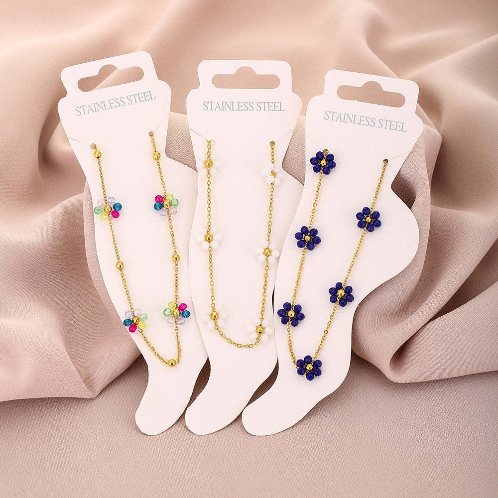 Fashion Petal-Shaped Titanium Steel Anklet for Women with Crystal Accents