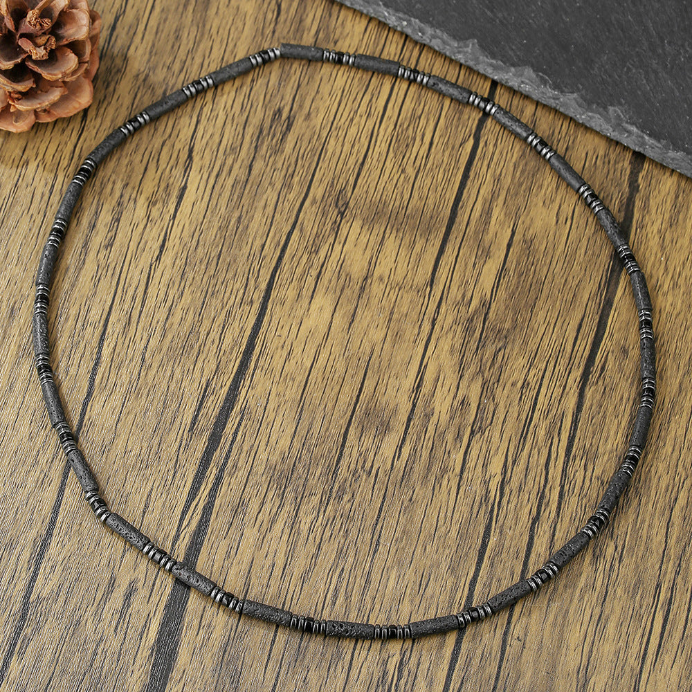Bohemian Handmade Geometric Round Volcanic Stone and Hematite Long Necklace for Unisex