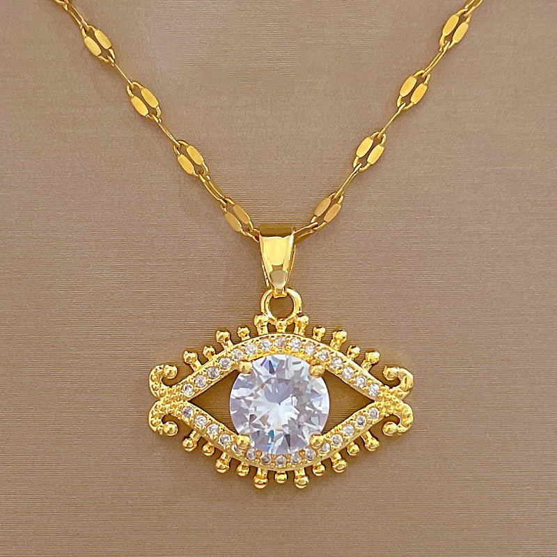 Collana da donna con ciondolo a occhio e ciglia geometrico in acciaio al titanio di lusso, con intarsi in strass, catena regolabile in acciaio al titanio