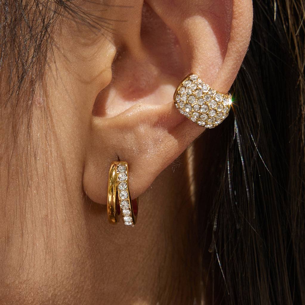 Orecchini Geometrici a C in Acciaio Titanio con Strass, Orecchini a Clip in Acciaio Inossidabile Placcato per Donna