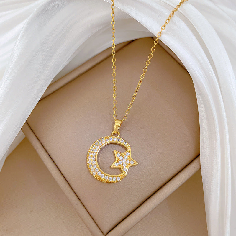 Sweet Star Moon Geometric Titanium Steel Necklace with Cubic Zirconia Brass Pendant for Unisex