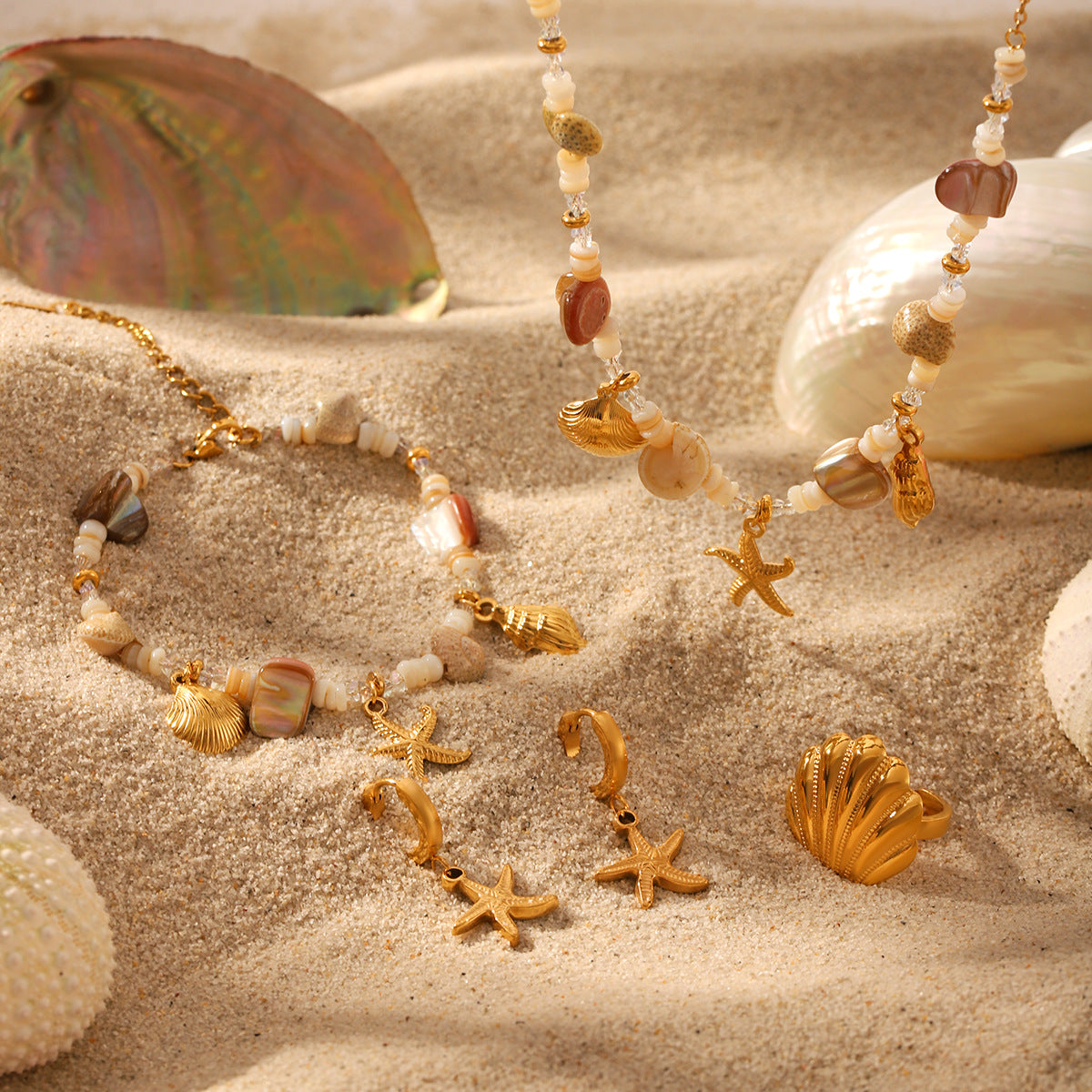 Ocean-Inspired Seashell and Starfish Pendant Necklace Set in Titanium Steel with Electroplated Stainless Steel Chain for Women