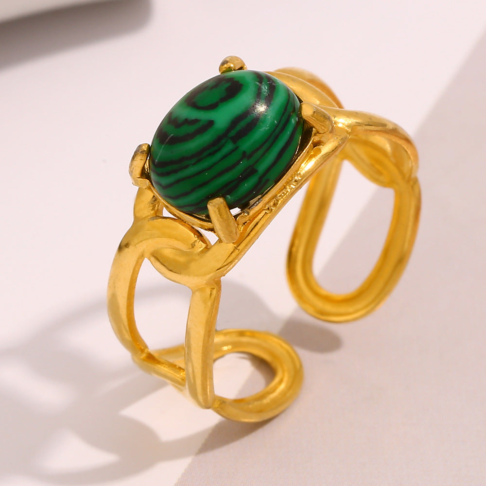 Minimalist Geometric Stainless Steel Plated 18K Gold Malachite Open Ring for Women