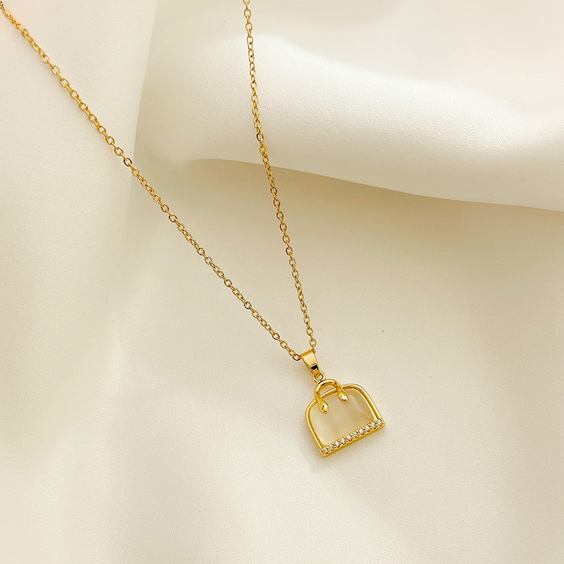 Elegant Cat's Eye Stone Pendant Necklace for Women Titanium Steel Cross Chain Geometric Design Clavicle Chain with Plating Finish