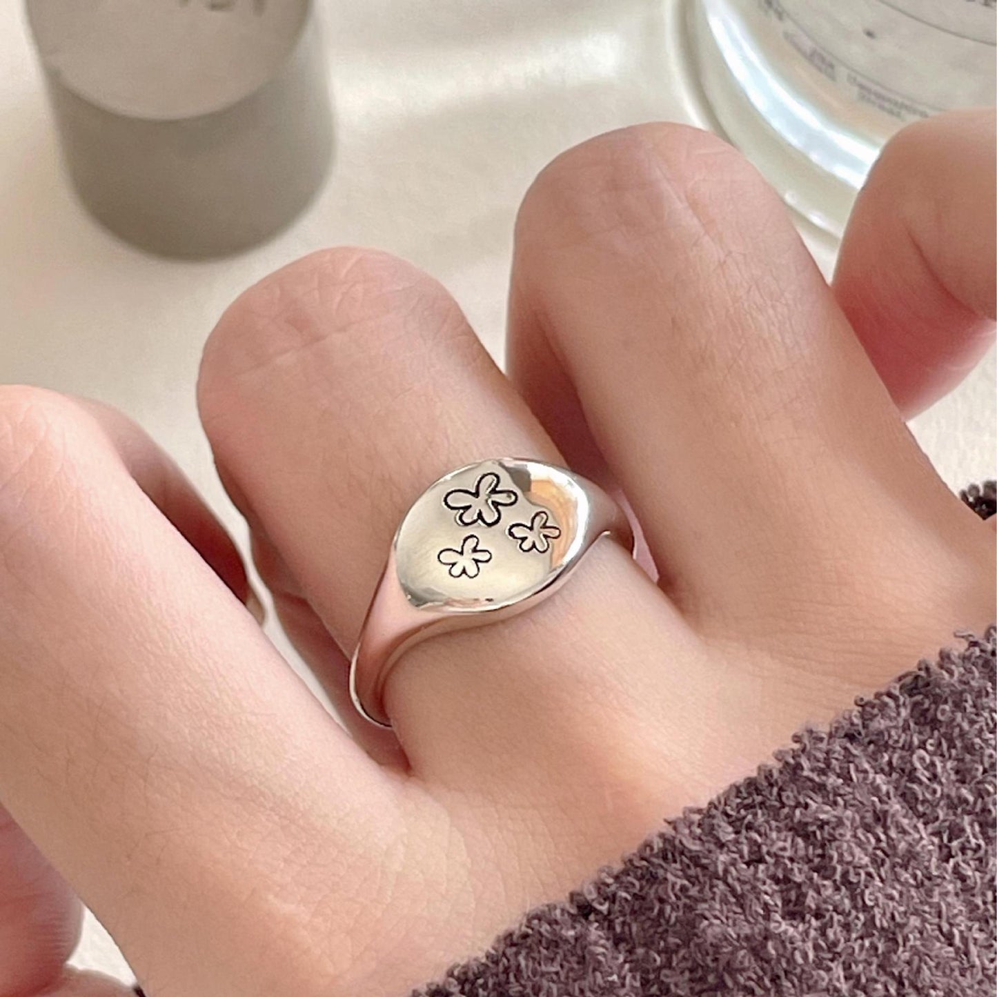 Anello floreale vintage in argento sterling 925 con finitura anticata da donna design ovale geometrico