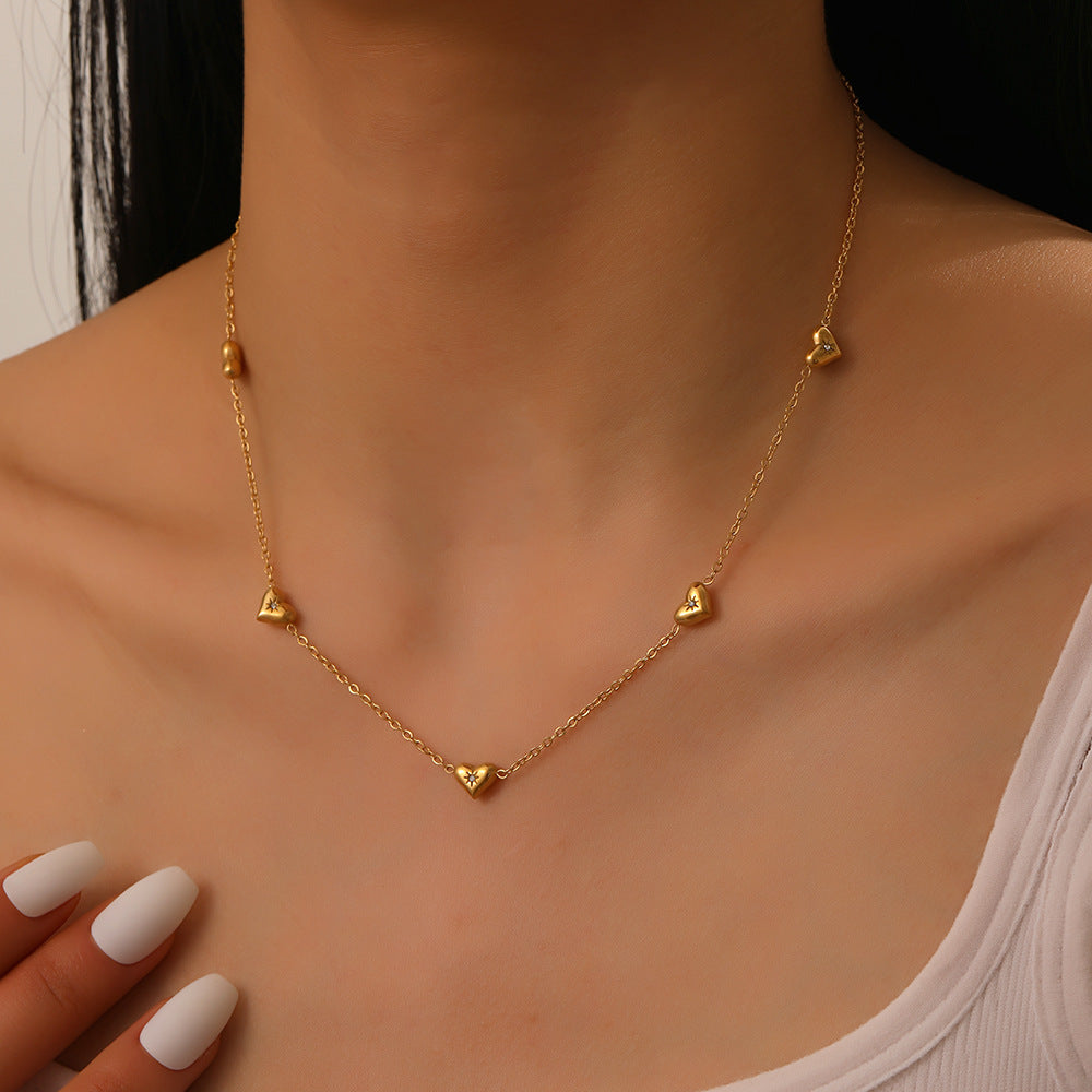 Minimalist Fashionable Clavicle Necklace with Rhinestone-Inlaid Eight-Pointed Star and Heart Pendant in Stainless Steel with Plated Finish on O-Chain