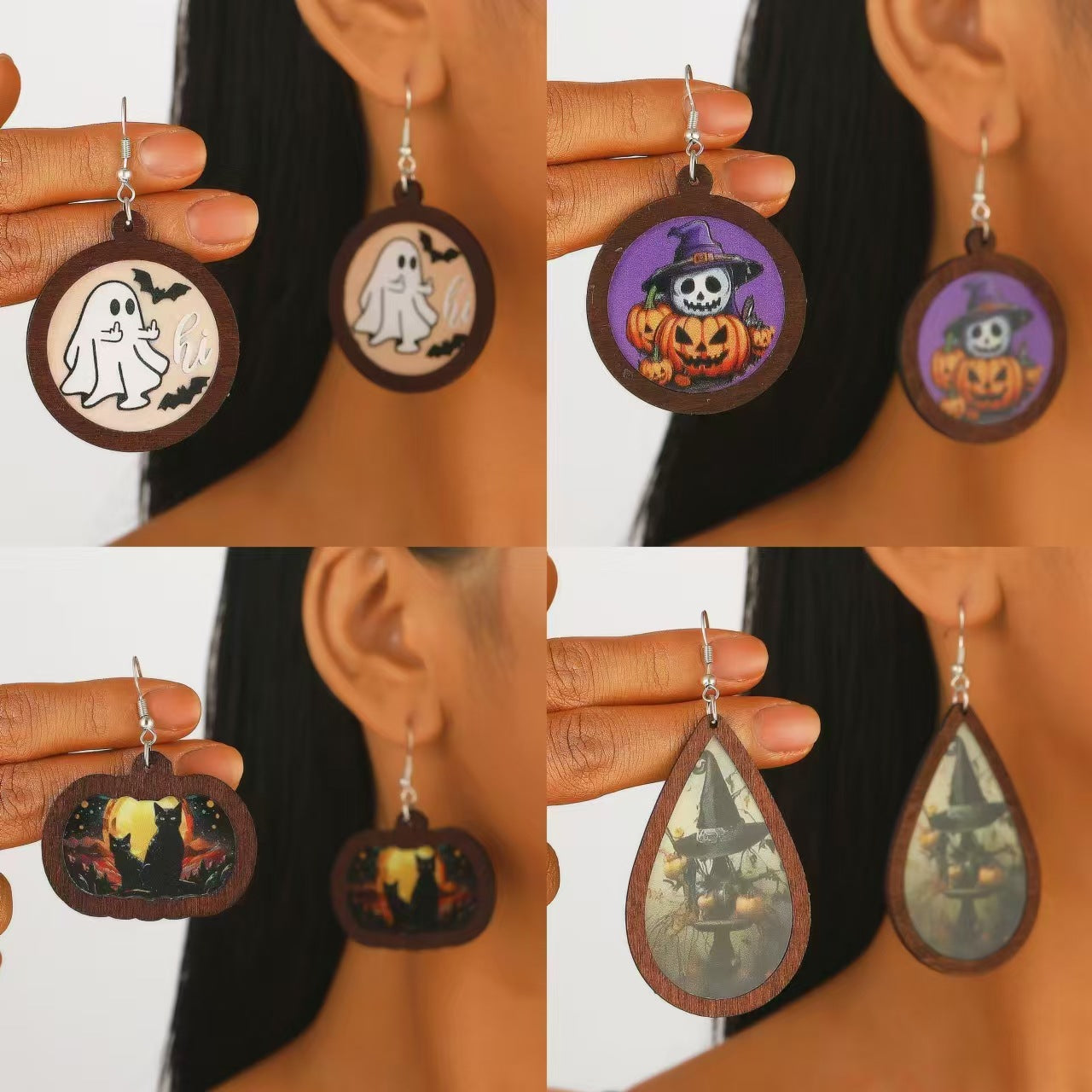Pendientes geométricos con temática de Halloween, con motivos de calabazas y fantasmas impresos, pendientes de madera de Halloween para mujer