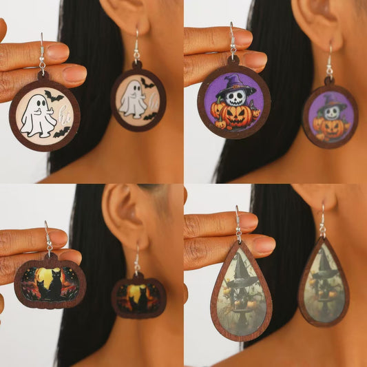 Orecchini pendenti geometrici a tema Halloween con stampe di zucche e fantasmi, orecchini di Halloween in legno da donna