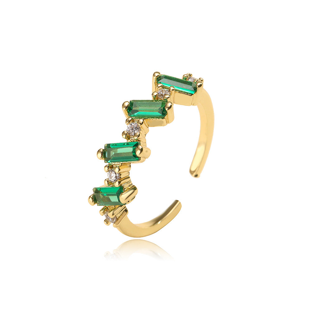 Minimalist Geometric Copper Ring with 18K Gold Plating and Micro-Paved Green Zirconia for Women