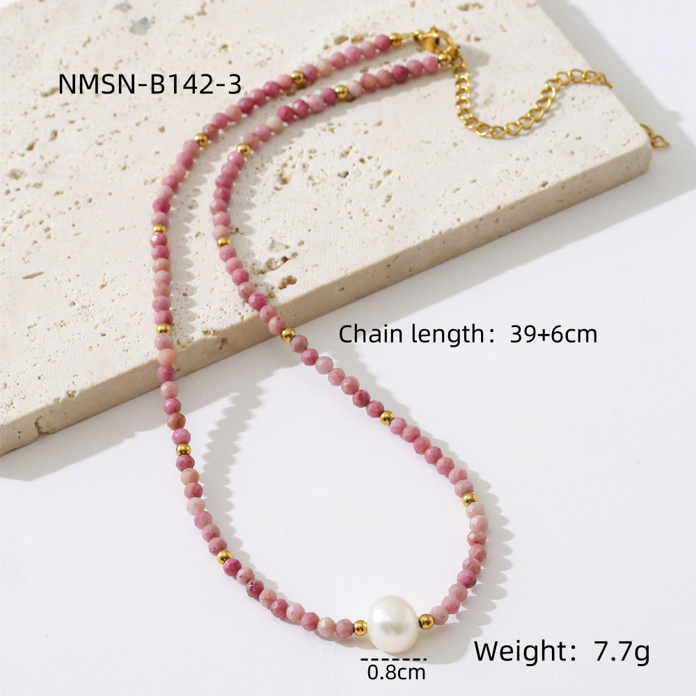 Elegante Collar de Cristales Rosas y Jaspe Rojo con Perlas de Agua Dulce en Cadena de Acero Inoxidable para Mujer