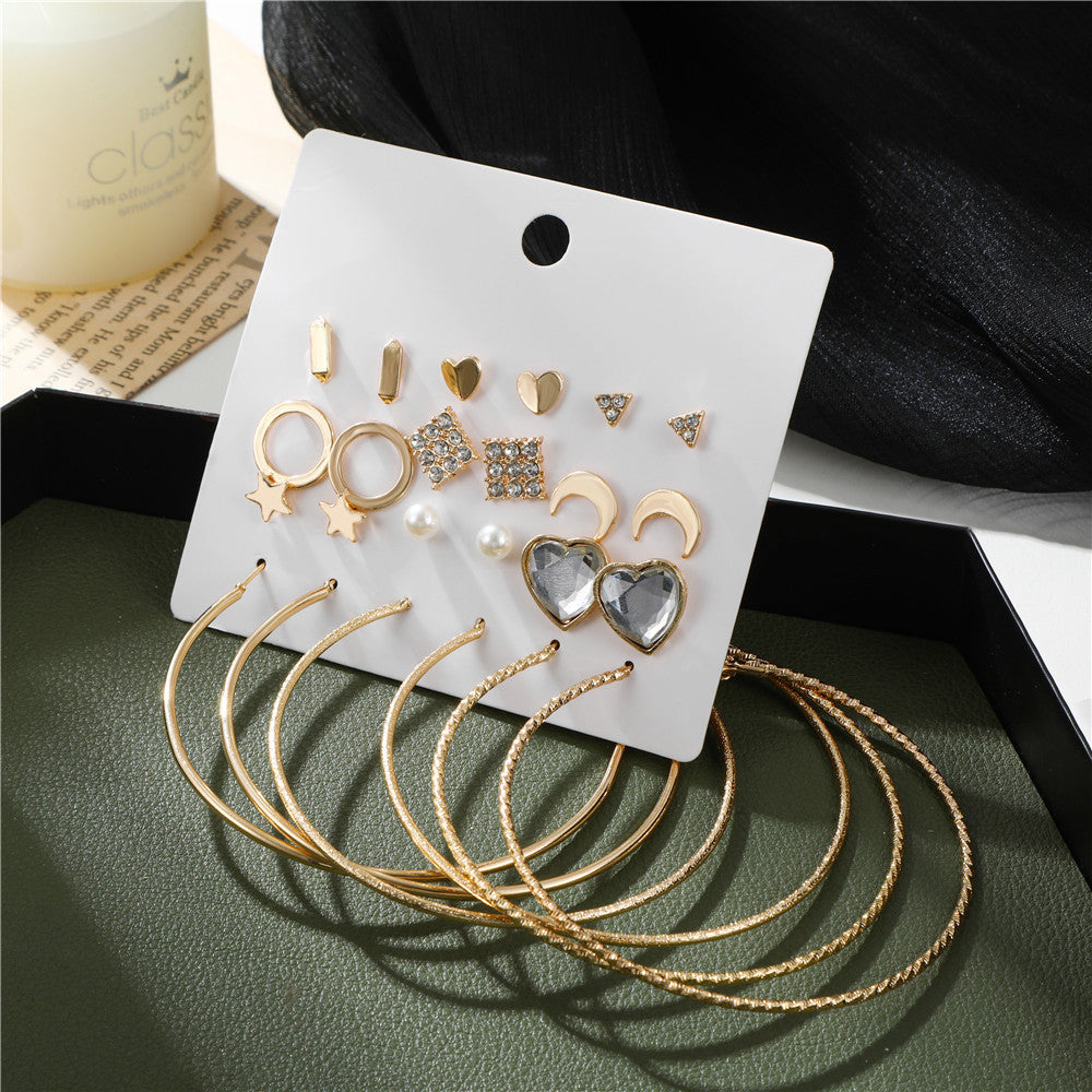 Sweet Geometric Star Moon Heart Triangle Alloy Rhinestone Inlay Earring Set for Women