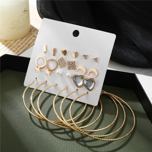 Sweet Geometric Star Moon Heart Triangle Alloy Rhinestone Inlay Earring Set for Women