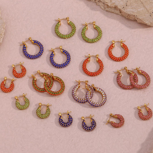 Pendientes de tuerca minimalistas geométricos retro de acero inoxidable chapados en oro de 18 quilates con circonitas de colores para mujer