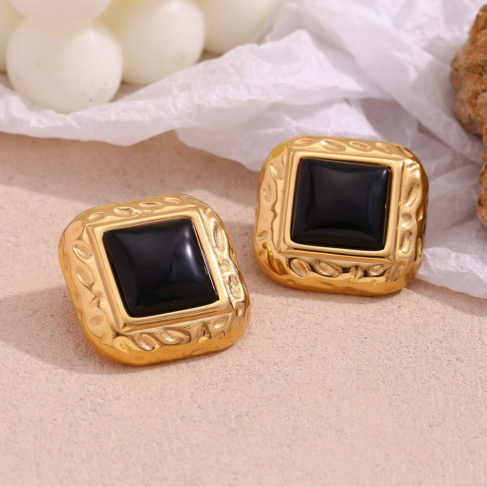 Orecchini a perno quadrati geometrici neri in acrilico in stile vintage in acciaio inossidabile con placcatura in oro 18 carati da donna