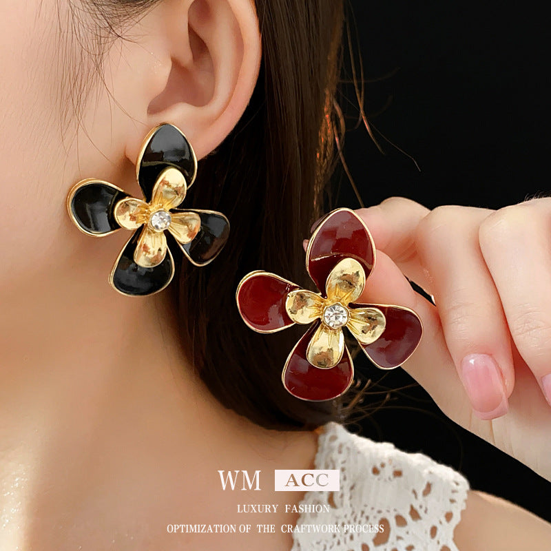 Vintage Floral Earrings with Enamel Finish and Rhinestone Inlay in Alloy with Stainless Steel Posts for Women