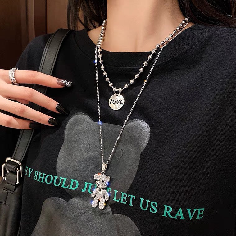 Minimalist Bear Pendant Necklace for Women with Geometric Shape and Irregular Design, Double-Layered Beaded Chain for Sweater Layering