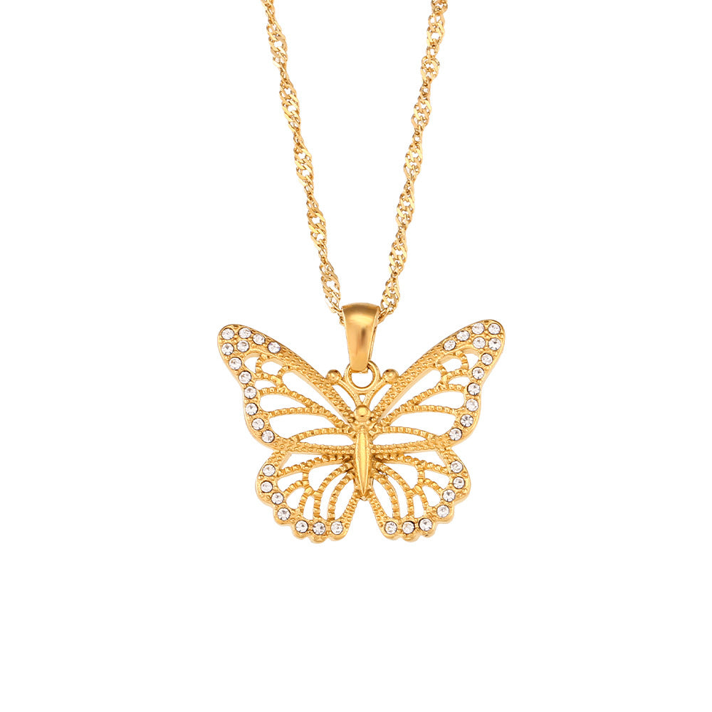 Collana con pendente a farfalla in stile minimalista da donna in acciaio inossidabile con zirconi e catena ondulata cava